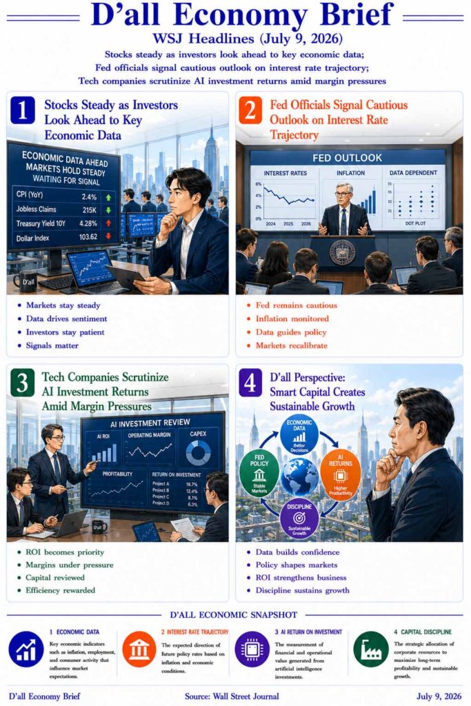 Editorial illustration showing Economic Data guiding investor decisions as markets monitor Federal Reserve policy and AI investment returns ahead of key economic releases.