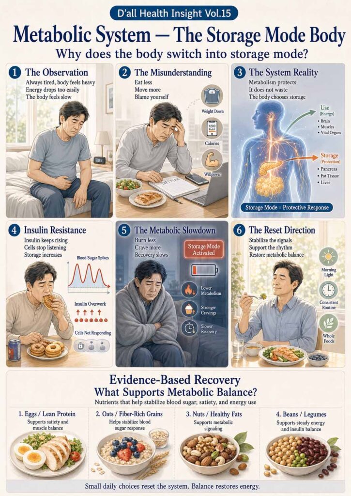 A six-panel health infographic explaining the Metabolic System, insulin resistance, energy storage, metabolic slowdown, and foods that support metabolic balance.