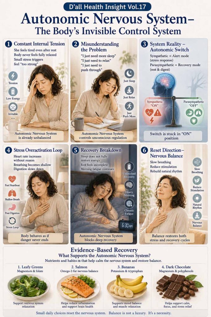 Editorial medical illustration explaining Autonomic Nervous System balance, chronic stress effects, sympathetic dominance, and nervous system recovery pathways.