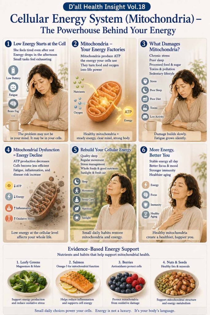 A 6-panel medical infographic explaining Cellular Energy System, mitochondrial function, ATP production, cellular fatigue, and evidence-based strategies for mitochondrial health.