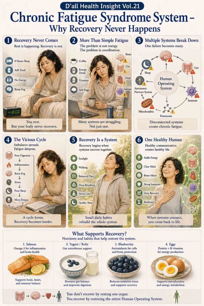 A six-panel medical infographic explaining the Chronic Fatigue Syndrome System, illustrating recovery failure, interconnected biological systems, chronic fatigue loops, and evidence-based recovery strategies.