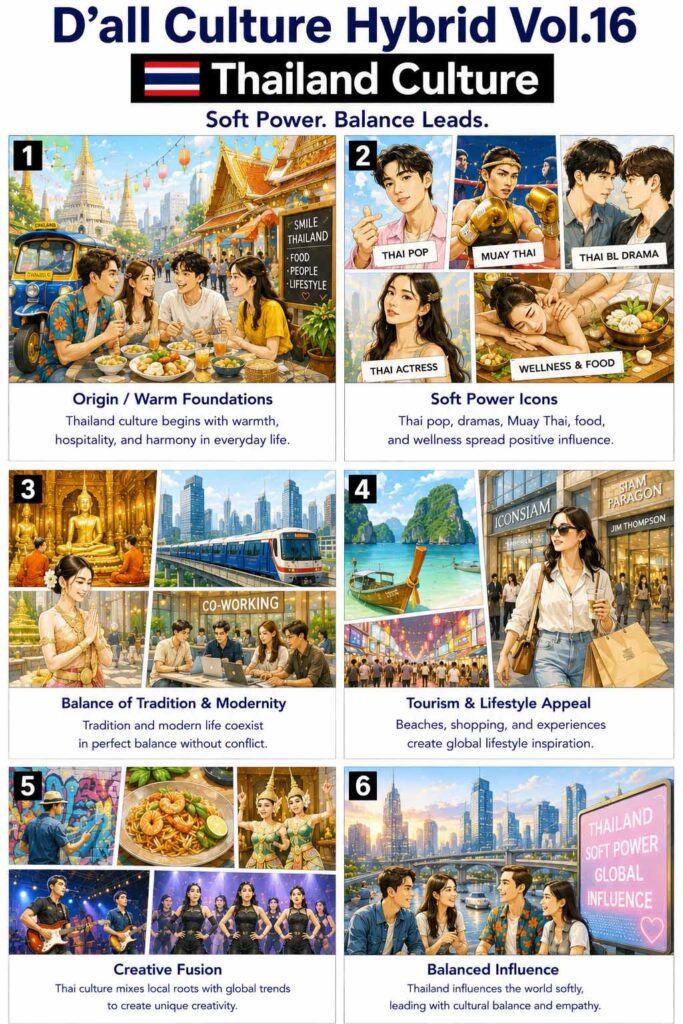 Six-panel editorial webtoon illustrating Thailand Culture Soft Power through hospitality, T-Pop, wellness, tourism, traditional culture, and modern lifestyle integration.