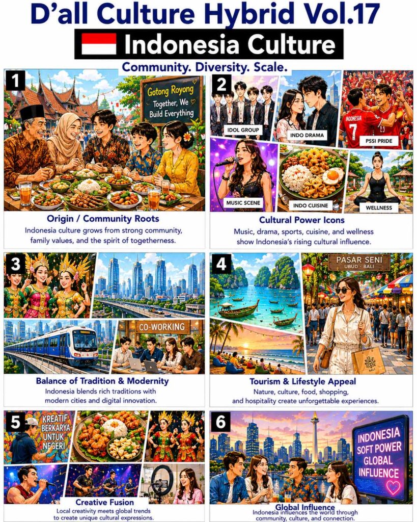 Six-panel editorial webtoon illustrating Indonesia Culture through community values, cultural diversity, creative industries, tourism, and growing global soft power across the Indonesian archipelago.