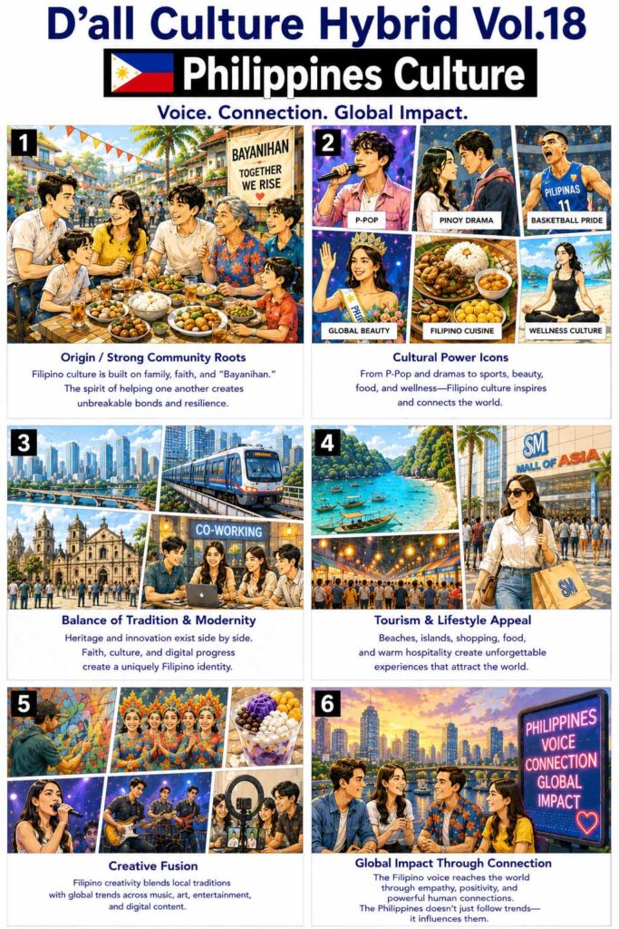 Six-panel editorial webtoon illustrating Philippines Culture through community values, P-Pop, tourism, creativity, and global cultural influence driven by empathy and human connection.