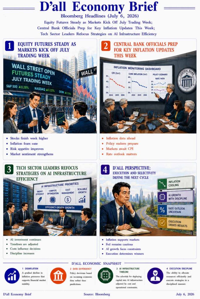Editorial illustration showing Equity Futures leading a stable start to July as central banks monitor inflation and technology companies strengthen AI infrastructure efficiency.