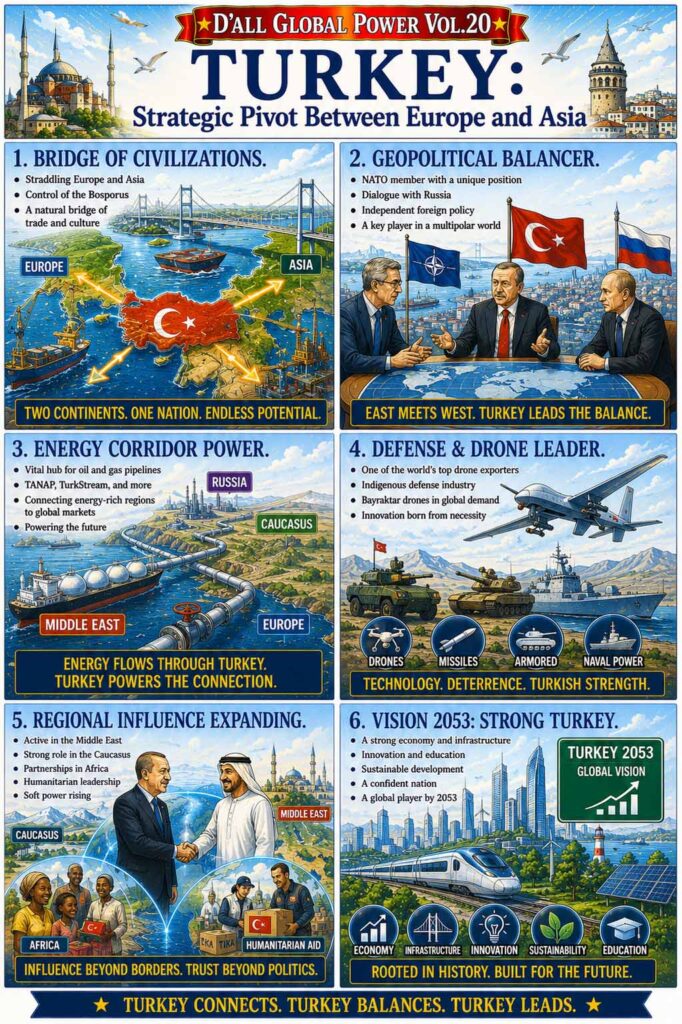Turkey Geopolitics infographic showing Turkey as a strategic bridge between Europe and Asia, highlighting energy corridors, defense industry, and regional influence.