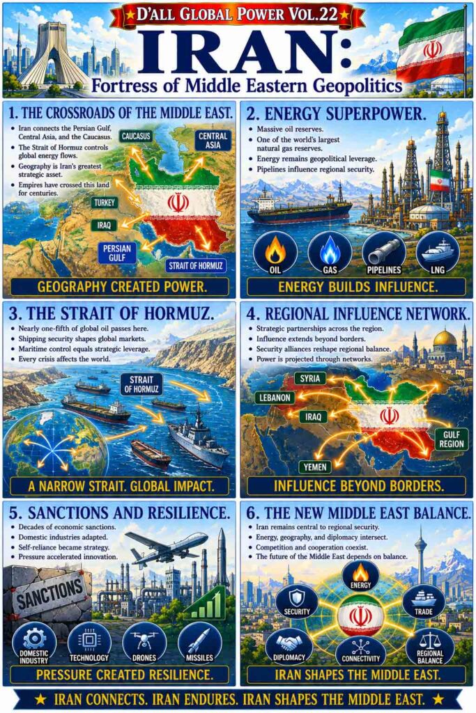 Iran Geopolitics infographic illustrating the Strait of Hormuz, regional influence, energy resources, and Iran's strategic role in the Middle East and Eurasia.