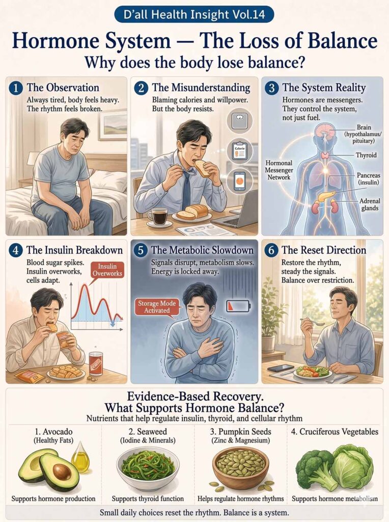 A comprehensive visual guide explaining how the Hormone System loses balance, illustrating the intricate connection between insulin resistance, metabolic slowdown, cellular energy lock, and evidence-based nutritional recovery.