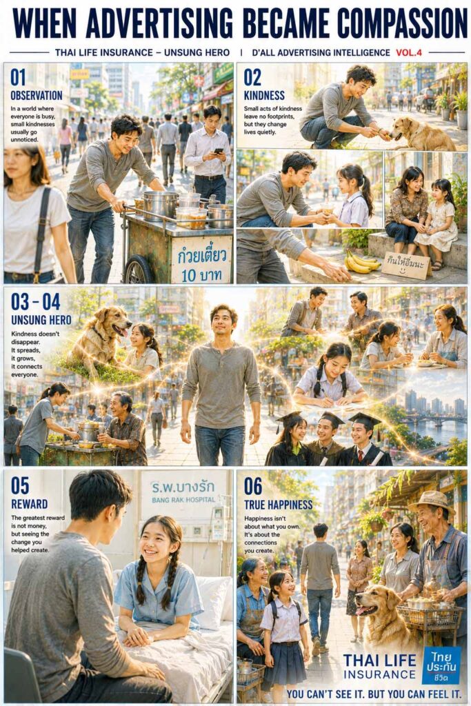 Six-panel cinematic illustration inspired by Thai Life Insurance Unsung Hero, showing emotional advertising, everyday kindness, and compassion storytelling transforming ordinary lives.

The artwork visualizes how small acts of kindness create meaningful human connections.