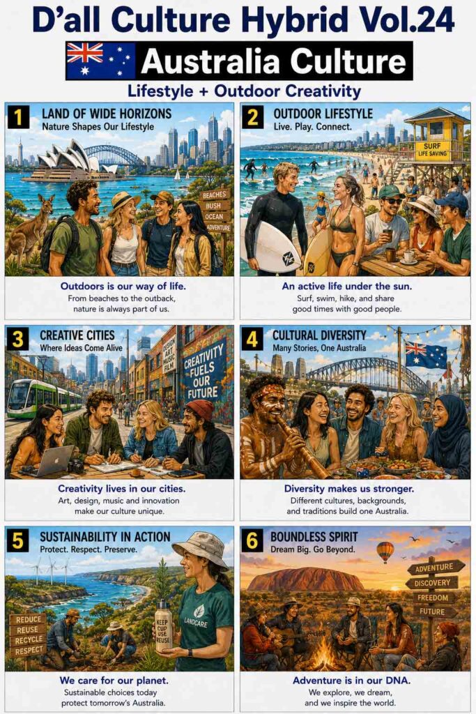 Australia Culture infographic illustrating outdoor lifestyle, multicultural identity, wildlife, coastal living, and creative innovation across Australia. Lifestyle and nature combine to shape Australia's global cultural influence.