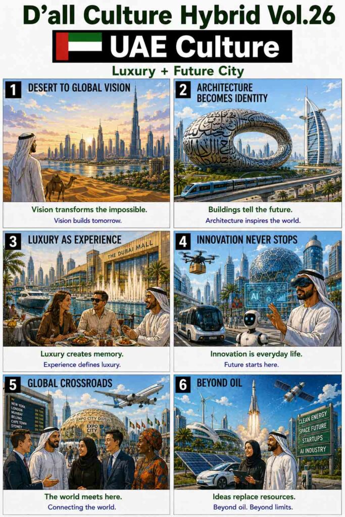 Luxury Future City infographic illustrating UAE culture through architecture, innovation, sustainability, and global connectivity. Editorial six-panel visual showcasing Dubai and Abu Dhabi as future cities.