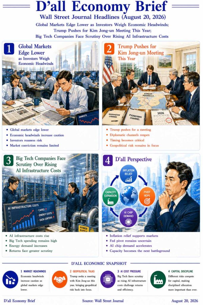 Global markets edge lower as investors weigh economic headwinds, geopolitical uncertainty, and rising AI infrastructure costs in a D’all Economy Brief visual analysis.