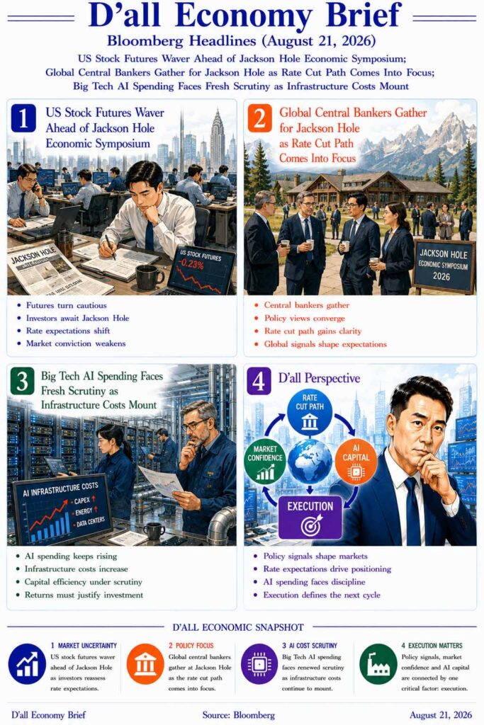D’all Economy Brief analyzes US stock futures, the Jackson Hole Economic Symposium, central bank rate cuts, and rising Big Tech AI infrastructure costs.