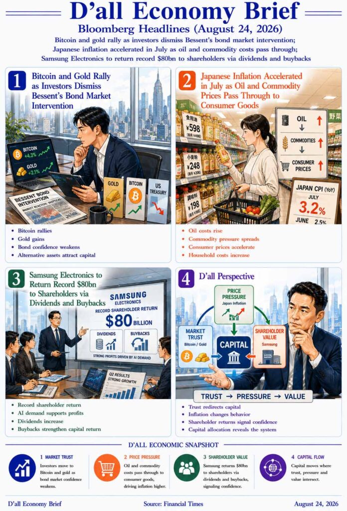 Bitcoin and gold rally as Japanese inflation accelerates and Samsung Electronics announces record shareholder returns, visualized through the D’all Economy Brief capital allocation framework.