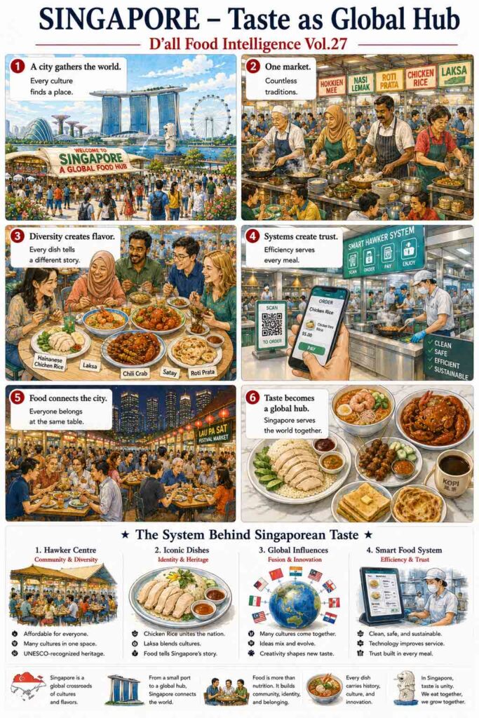 Singapore Food Culture illustrated through multicultural hawker centres, iconic local dishes, shared dining spaces, and an urban food system connecting diverse communities.