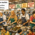 Singapore Food Culture illustrated through multicultural hawker centres, iconic local dishes, shared dining spaces, and an urban food system connecting diverse communities.