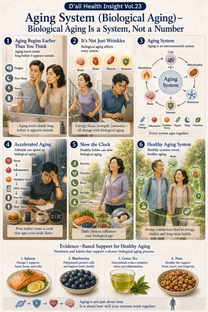 Biological Aging System infographic explaining how cellular health, mitochondria, inflammation, and healthy lifestyle influence healthy aging and longevity.