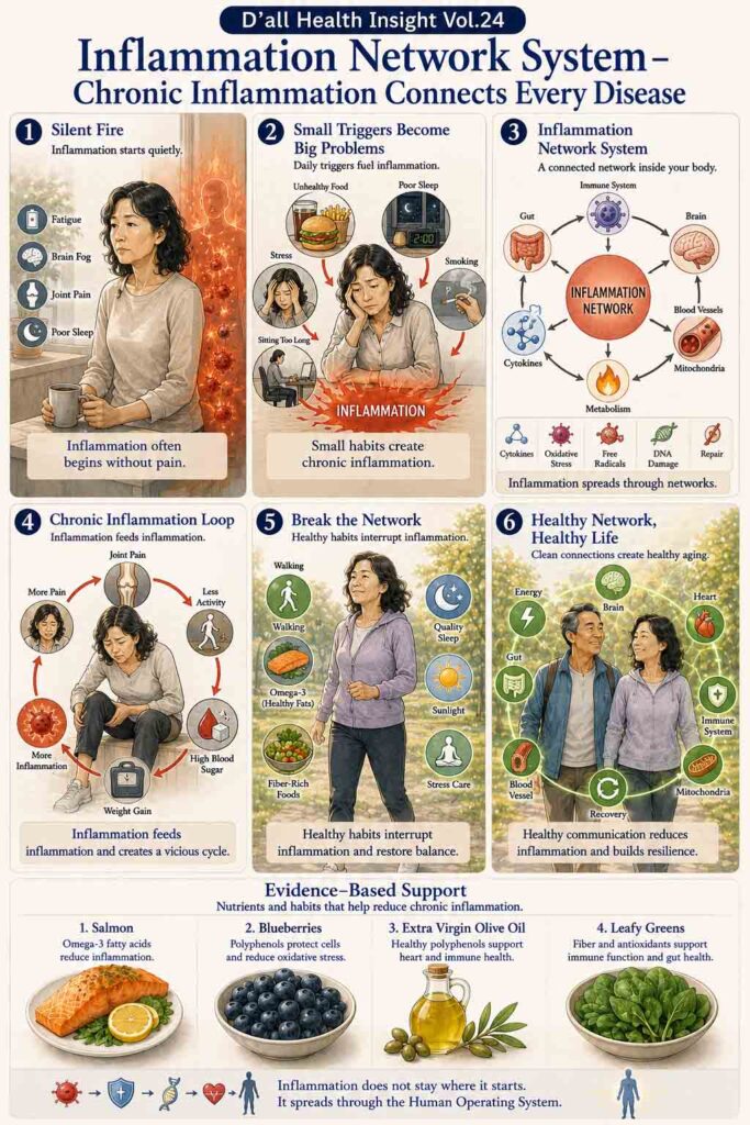 Inflammation Network System infographic explaining how chronic inflammation connects the immune system, brain, gut microbiome, metabolism, and biological aging through an integrated human health network.