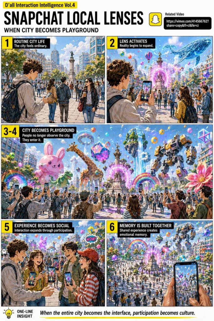 Bright editorial webtoon illustrating Snapchat Local Lenses transforming an urban plaza into a shared augmented reality playground through spatial computing and collective participation.