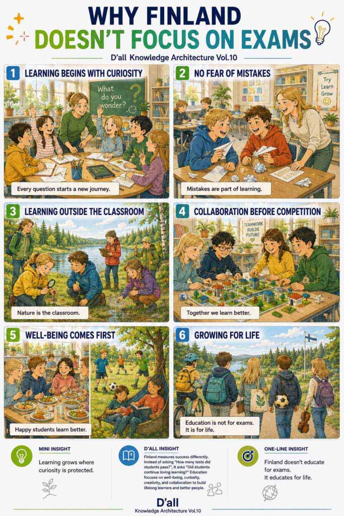 A bright six-panel editorial webtoon illustrating Finland's education system through curiosity-driven learning, outdoor education, collaboration, student well-being, and lifelong learning.