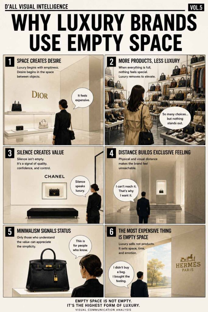 Luxury Branding infographic explaining how Empty Space creates exclusivity, emotional desire, and premium perception in luxury retail environments.