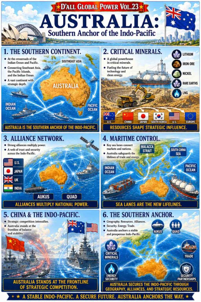 Australia Indo-Pacific infographic illustrating Australia's strategic maritime position, Indo-Pacific alliances, critical resources, and role as the Southern Anchor of regional security.