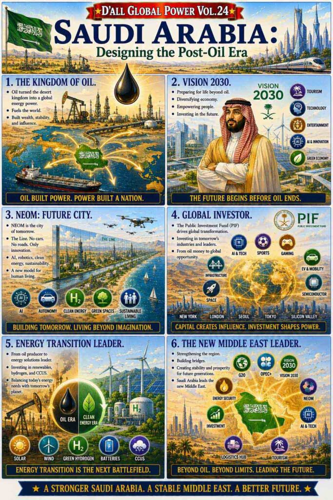 Saudi Vision 2030 infographic illustrating Saudi Arabia's transformation beyond oil through NEOM, energy transition, sovereign wealth investment, and regional leadership.
